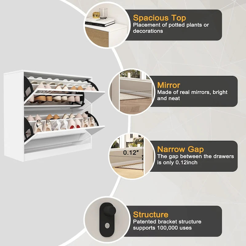 Meuble à chaussures à 2 niveaux avec tiroirs pour entrée, chambre, modèle à portes rabattables