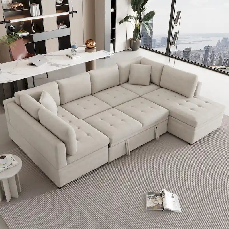 117.3   Oversized Sectional Sofa U- shaped Sofa Couch Pull-out Sofa Bed with Two Throw Pillows for Living Room, Beige