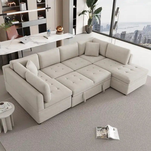 117.3   Oversized Sectional Sofa U- shaped Sofa Couch Pull-out Sofa Bed with Two Throw Pillows for Living Room, Beige