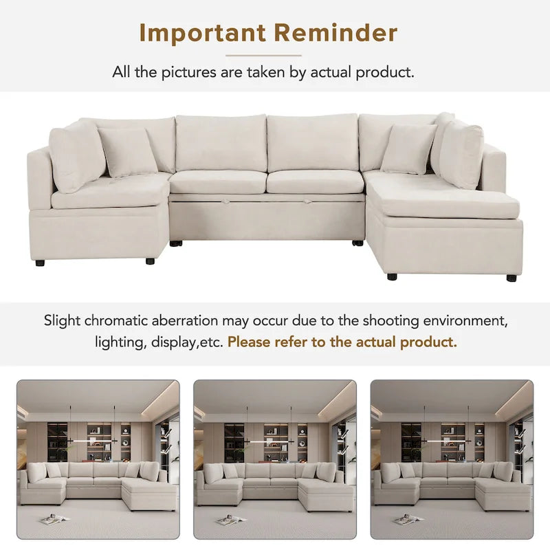 Canapé d'angle surdimensionné 117,3 cm, canapé en forme de U convertible en lit avec deux coussins décoratifs pour salon, beige