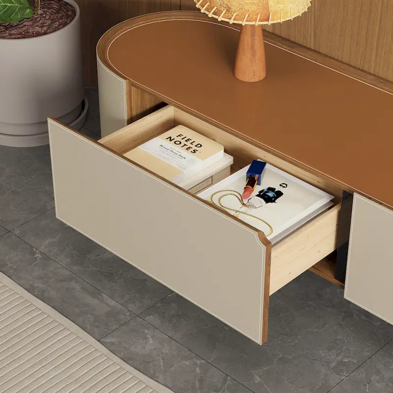 Meuble TV en cuir 86,6 cm, centre de divertissement moderne avec 3 tiroirs