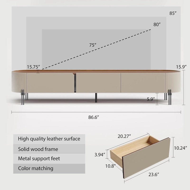 Meuble TV en cuir 86,6 cm, centre de divertissement moderne avec 3 tiroirs