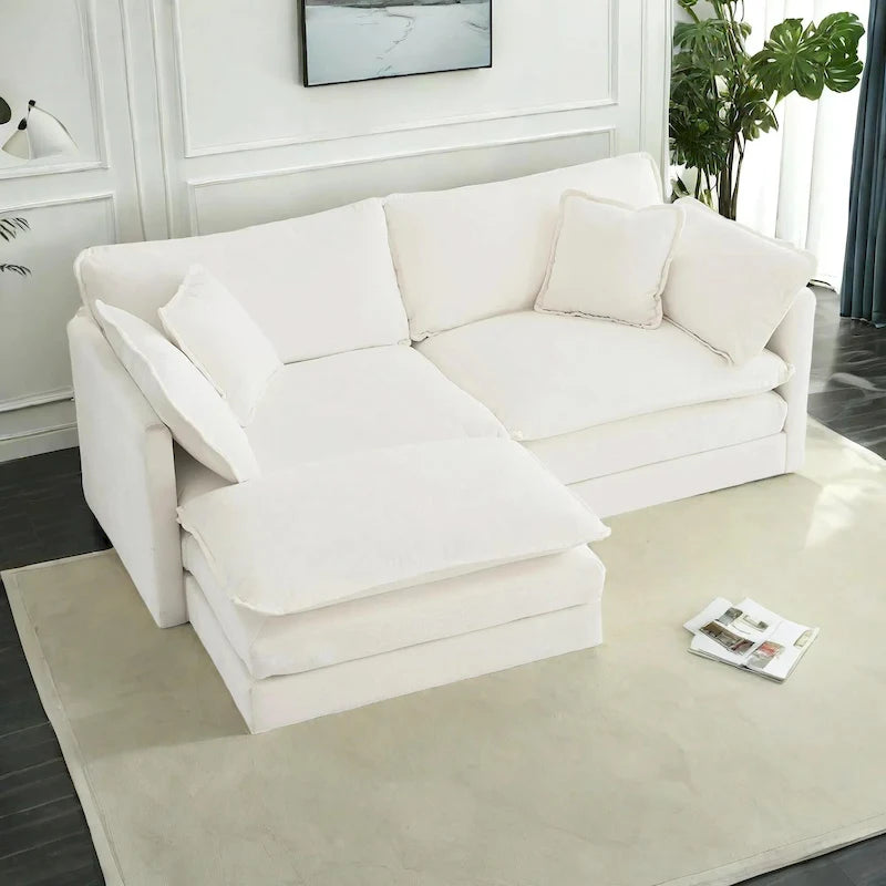 Canapé d'angle modulaire 3 pièces en chenille avec pouf