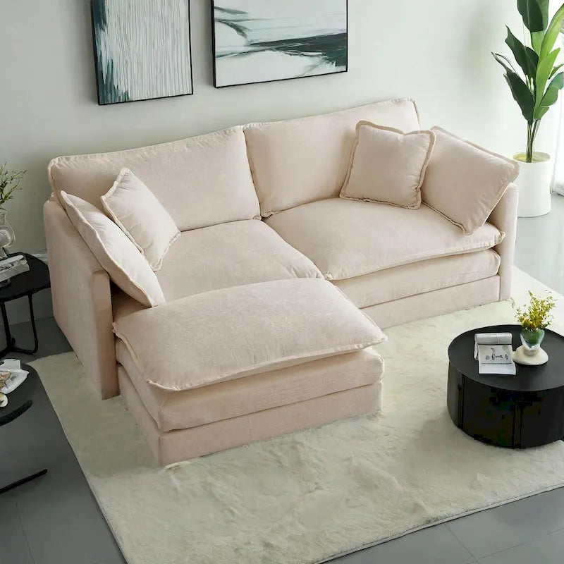 Canapé d'angle modulaire 3 pièces en chenille avec pouf