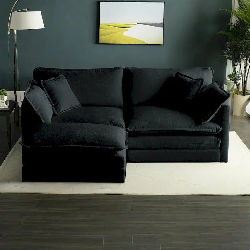 Canapé d'angle modulaire 3 pièces en chenille avec pouf