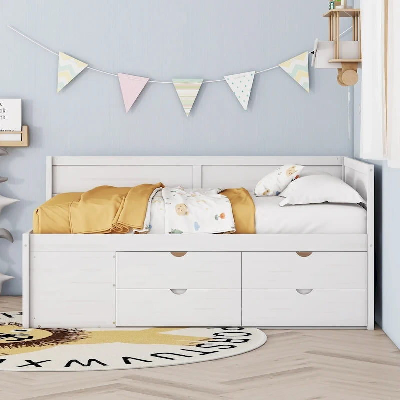 Lit de jour nordique créatif double avec tiroirs et étagères de rangement, cadre de lit pour enfants, adolescents et adultes, gain de place, montage facile