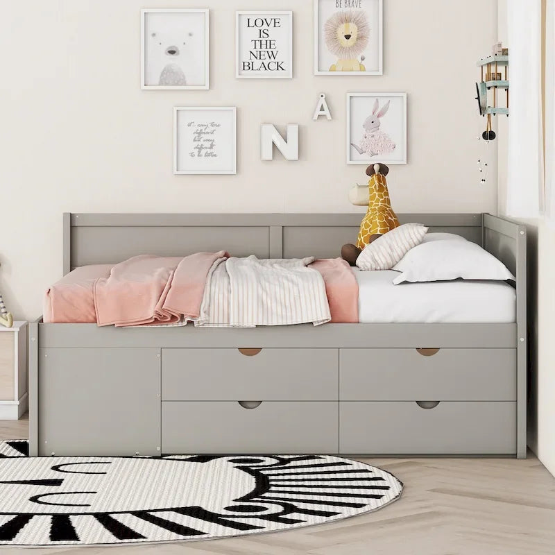 Lit de jour nordique créatif double avec tiroirs et étagères de rangement, cadre de lit pour enfants, adolescents et adultes, gain de place, montage facile