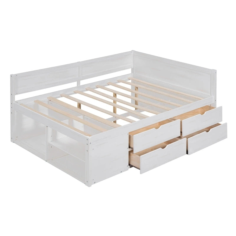 Lit de jour nordique créatif double avec tiroirs et étagères de rangement, cadre de lit pour enfants, adolescents et adultes, gain de place, montage facile