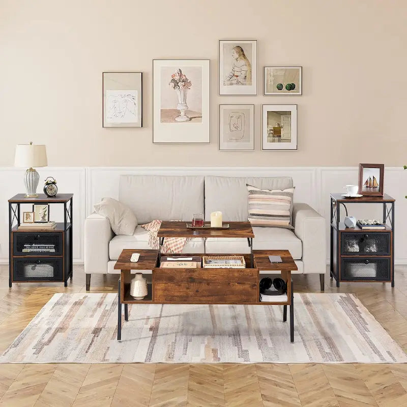Ensemble de 3 pièces VECELO : table basse relevable avec rangement intégré et ensemble de 2 tables de chevet.