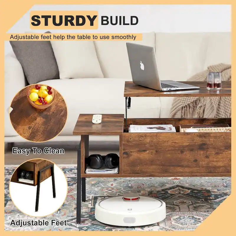 Ensemble de 3 pièces VECELO : table basse relevable avec rangement intégré et ensemble de 2 tables de chevet.