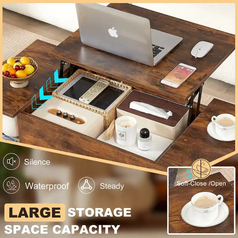 Ensemble de 3 pièces VECELO : table basse relevable avec rangement intégré et ensemble de 2 tables de chevet.