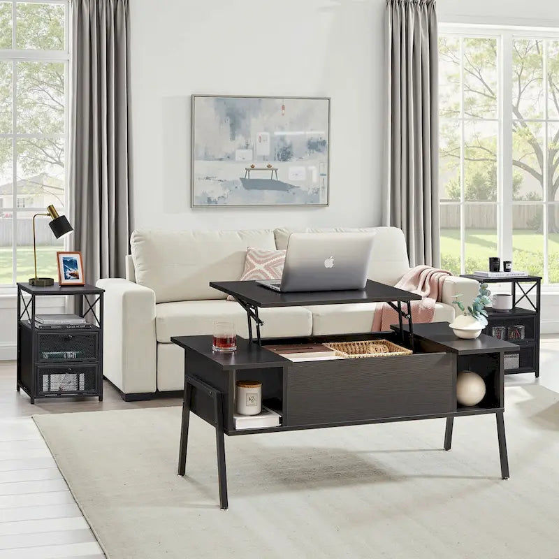 Ensemble de 3 pièces VECELO : table basse relevable avec rangement intégré et ensemble de 2 tables de chevet.