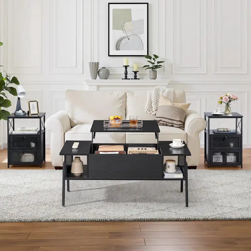 Ensemble de 3 pièces VECELO : table basse relevable avec rangement intégré et ensemble de 2 tables de chevet.