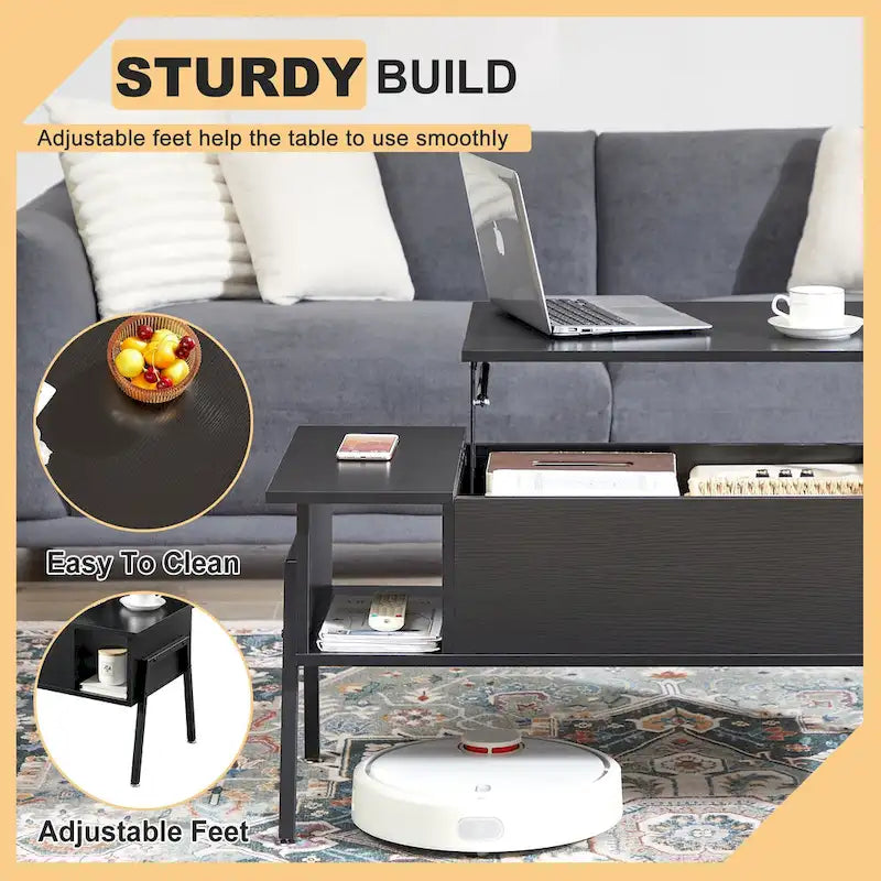 Ensemble de 3 pièces VECELO : table basse relevable avec rangement intégré et ensemble de 2 tables de chevet.