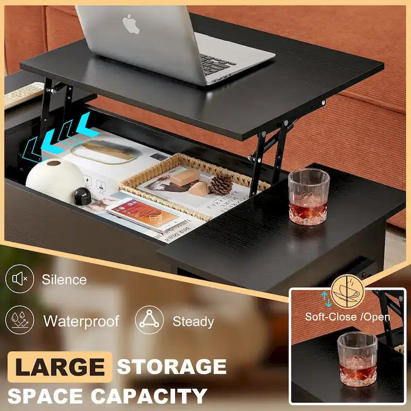 Ensemble de 3 pièces VECELO : table basse relevable avec rangement intégré et ensemble de 2 tables de chevet.