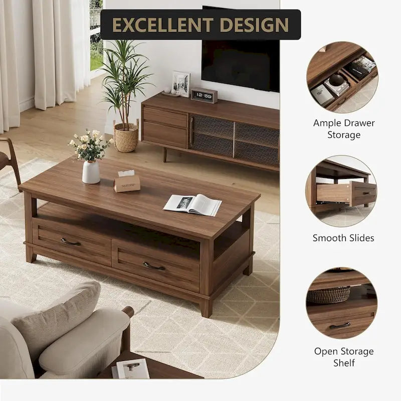 Table basse de style campagnard avec tiroirs et étagère ouverte - Non disponible