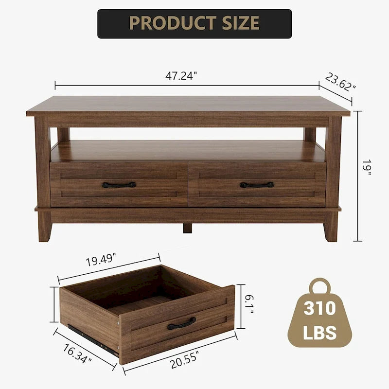 Table basse de style campagnard avec tiroirs et étagère ouverte - Non disponible