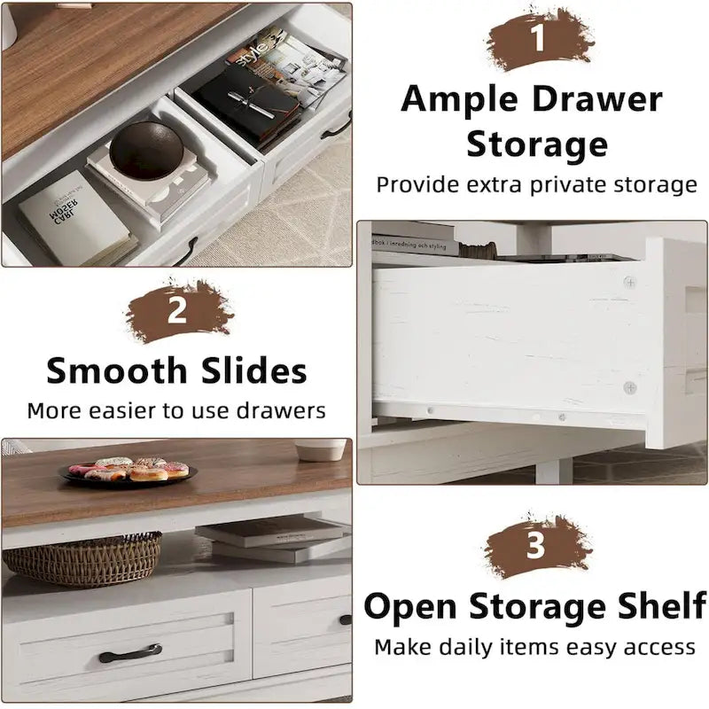 Table basse de style campagnard avec tiroirs et étagère ouverte - Non disponible