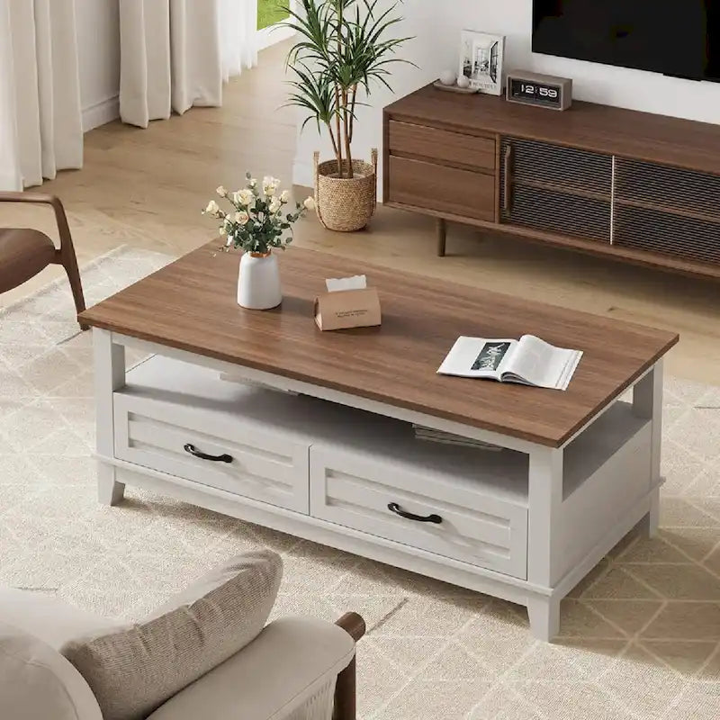 Table basse de style campagnard avec tiroirs et étagère ouverte - Non disponible