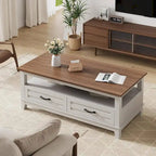 Table basse de style campagnard avec tiroirs et étagère ouverte - Non disponible