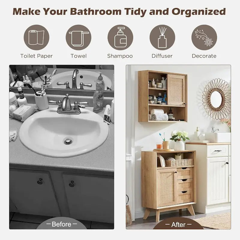 Petit meuble de salle de bain en rotin naturel, meuble de rangement moderne