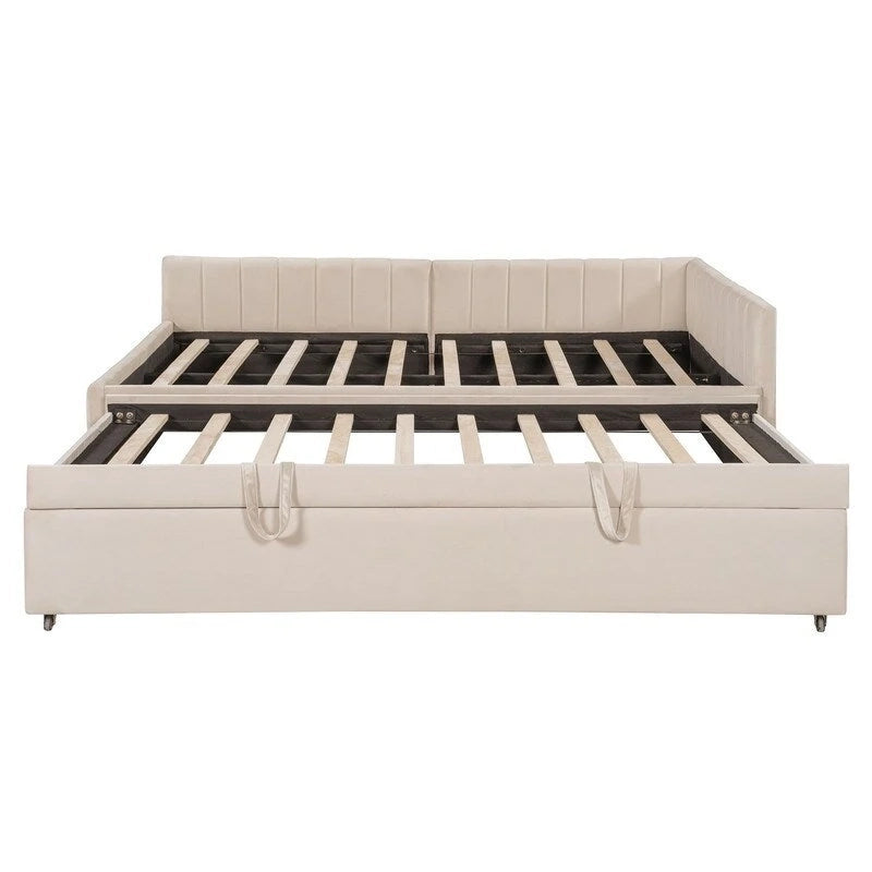 Lit de jour capitonné avec lit gigogne escamotable simple, cadre de lit de jour double, canapé-lit avec dossier en L et motif rayé