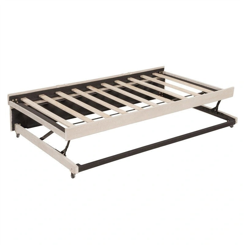 Lit de jour capitonné avec lit gigogne escamotable simple, cadre de lit de jour double, canapé-lit avec dossier en L et motif rayé