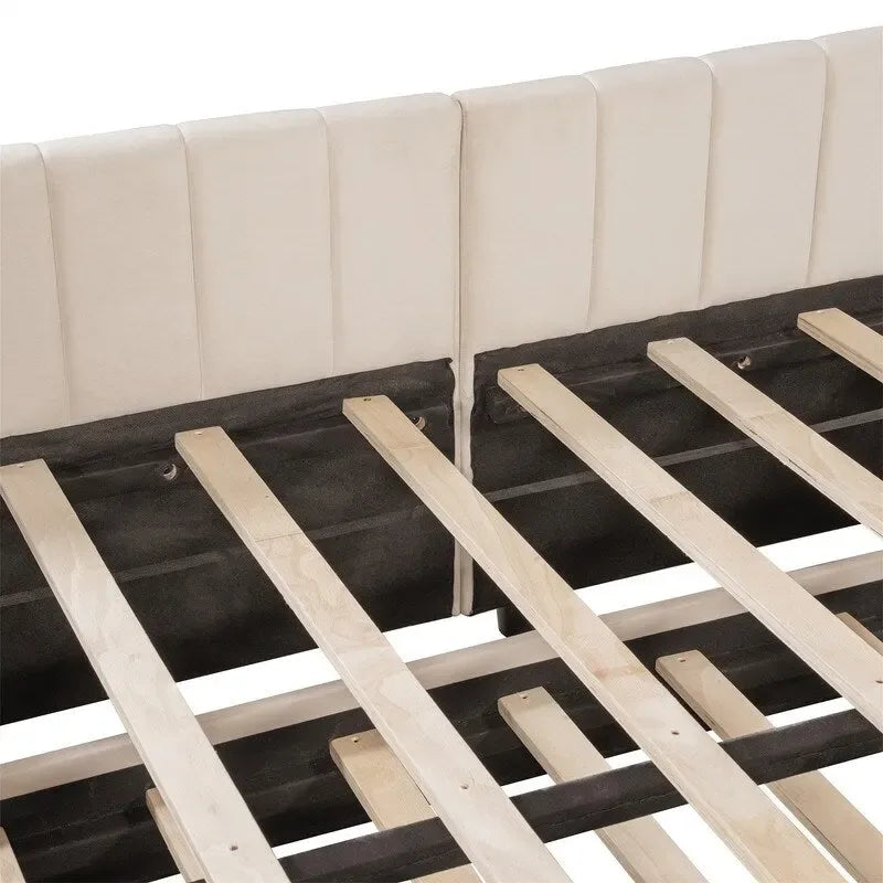 Lit de jour capitonné avec lit gigogne escamotable simple, cadre de lit de jour double, canapé-lit avec dossier en L et motif rayé