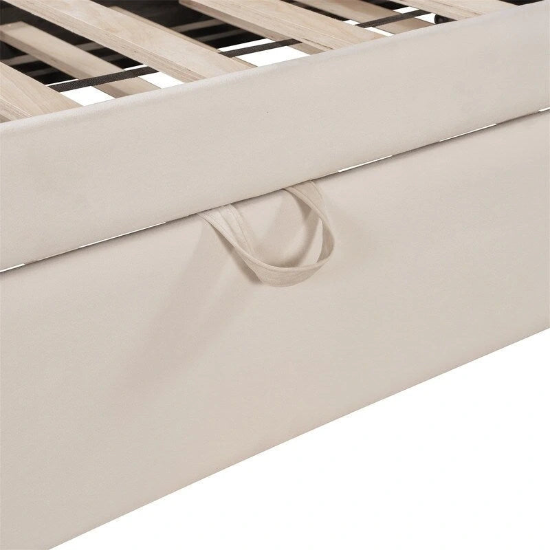 Lit de jour capitonné avec lit gigogne escamotable simple, cadre de lit de jour double, canapé-lit avec dossier en L et motif rayé