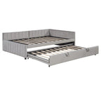 Lit de jour capitonné avec lit gigogne escamotable simple, cadre de lit de jour double, canapé-lit avec dossier en L et motif rayé