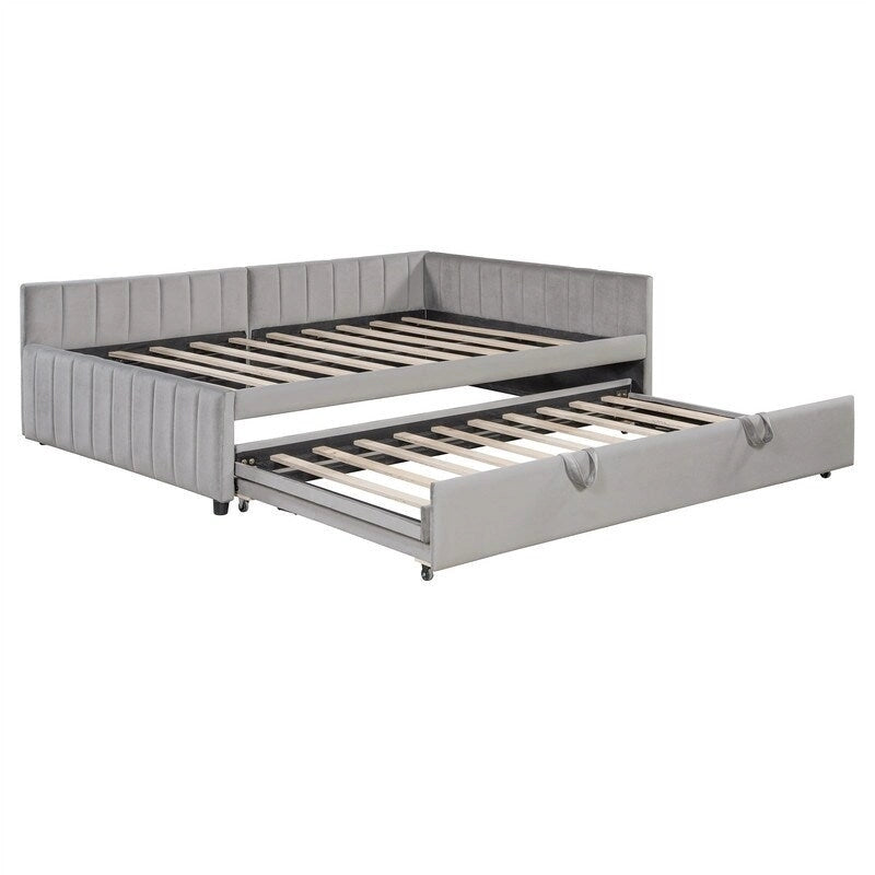 Lit de jour capitonné avec lit gigogne escamotable simple, cadre de lit de jour double, canapé-lit avec dossier en L et motif rayé