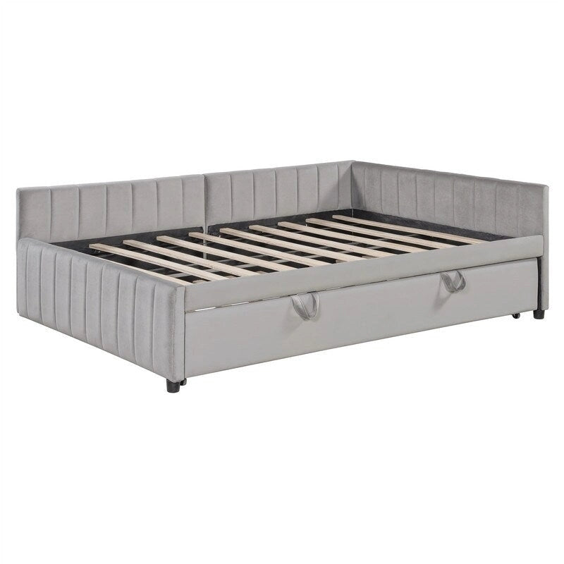 Lit de jour capitonné avec lit gigogne escamotable simple, cadre de lit de jour double, canapé-lit avec dossier en L et motif rayé