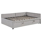 Lit de jour capitonné avec lit gigogne escamotable simple, cadre de lit de jour double, canapé-lit avec dossier en L et motif rayé