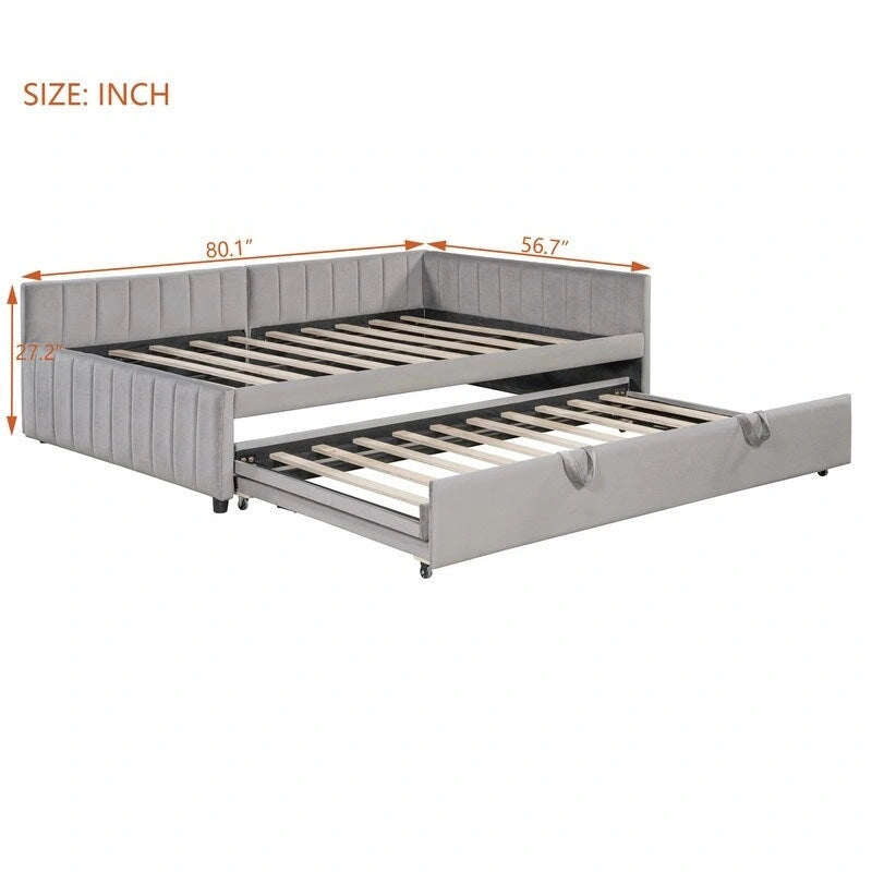 Lit de jour capitonné avec lit gigogne escamotable simple, cadre de lit de jour double, canapé-lit avec dossier en L et motif rayé