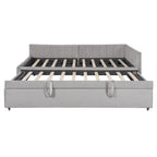 Lit de jour capitonné avec lit gigogne escamotable simple, cadre de lit de jour double, canapé-lit avec dossier en L et motif rayé