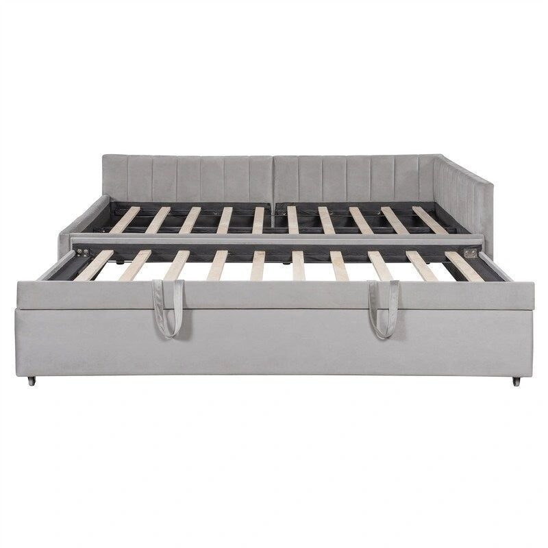 Lit de jour capitonné avec lit gigogne escamotable simple, cadre de lit de jour double, canapé-lit avec dossier en L et motif rayé