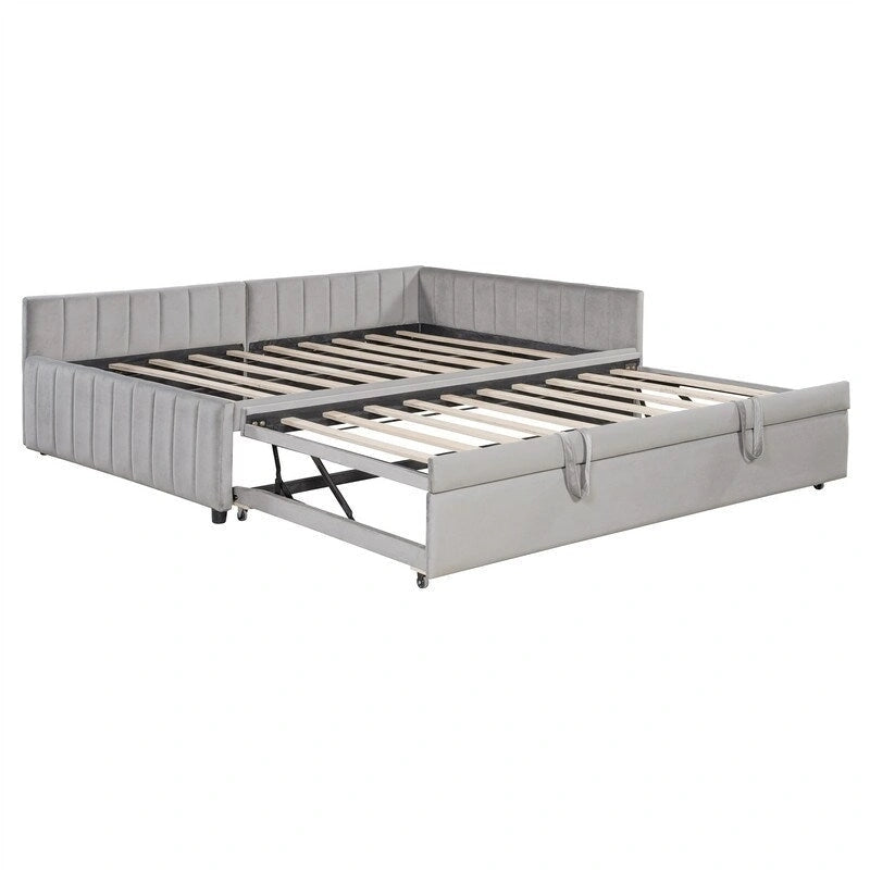 Lit de jour capitonné avec lit gigogne escamotable simple, cadre de lit de jour double, canapé-lit avec dossier en L et motif rayé