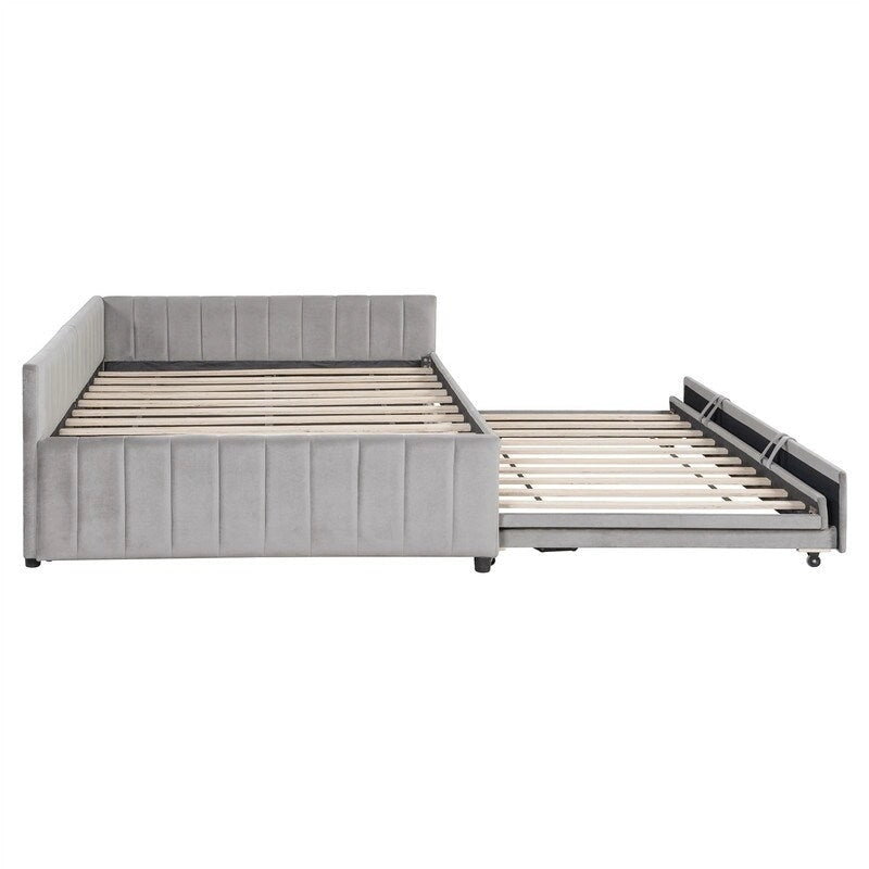 Lit de jour capitonné avec lit gigogne escamotable simple, cadre de lit de jour double, canapé-lit avec dossier en L et motif rayé