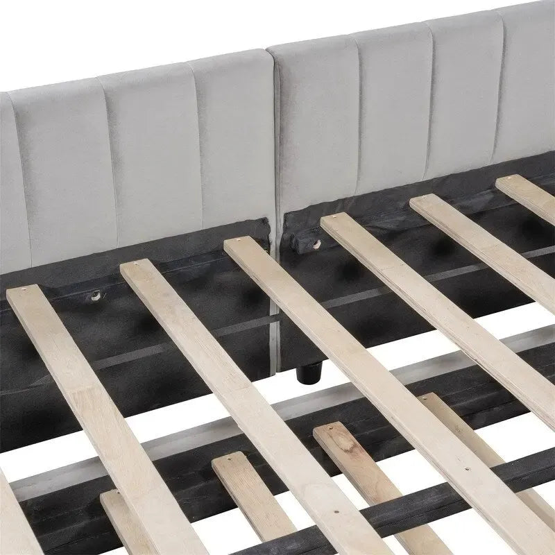 Lit de jour capitonné avec lit gigogne escamotable simple, cadre de lit de jour double, canapé-lit avec dossier en L et motif rayé