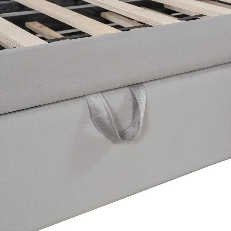 Lit de jour capitonné avec lit gigogne escamotable simple, cadre de lit de jour double, canapé-lit avec dossier en L et motif rayé