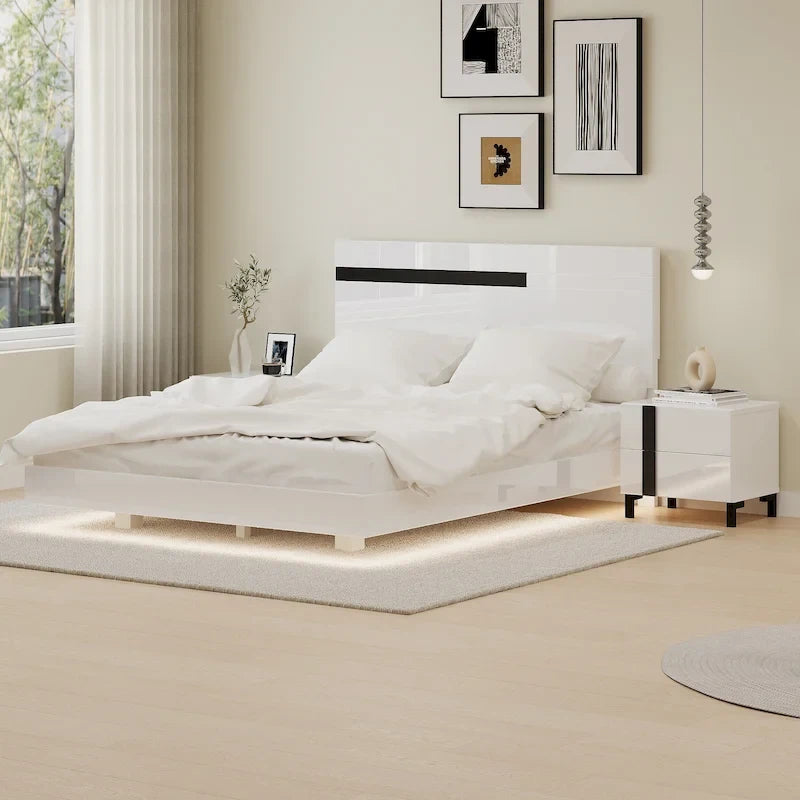 Ensemble de chambre à coucher moderne 3 pièces laqué brillant : lit suspendu Queen Size avec éclairage LED et 2 tables de chevet, blanc