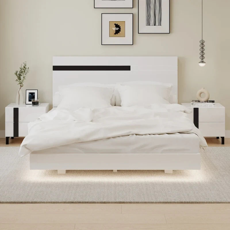 Ensemble de chambre à coucher moderne 3 pièces laqué brillant : lit suspendu Queen Size avec éclairage LED et 2 tables de chevet, blanc