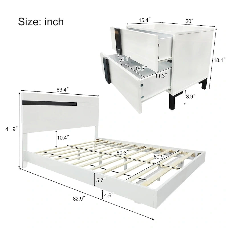 Ensemble de chambre à coucher moderne 3 pièces laqué brillant : lit suspendu Queen Size avec éclairage LED et 2 tables de chevet, blanc