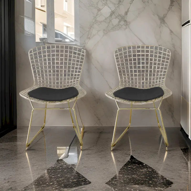 Hely 23 Inch Dining Chair Set of 2, 4 Cushions, Metal Cage Frame, Gold