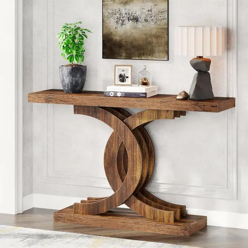 Farmhouse Wood Console Tables with Geometric Base for Entryway