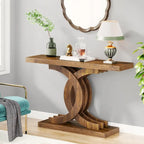 Consoles en bois de style campagnard avec piètement géométrique pour entrée