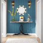 Consoles en bois de style campagnard avec piètement géométrique pour entrée