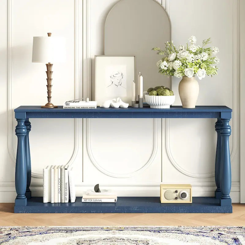 Table console d'entrée de 63 pouces de long avec étagère de rangement inférieure et pied sculptural en forme de vase pour couloir ou salon