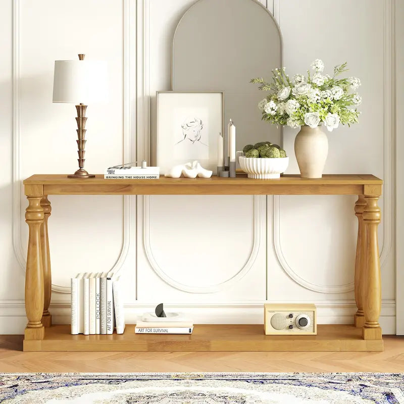 Table console d'entrée de 63 pouces de long avec étagère de rangement inférieure et pied sculptural en forme de vase pour couloir ou salon