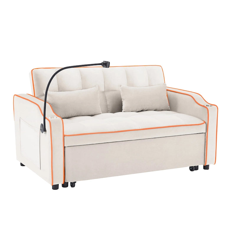 Canapé-lit pliable et polyvalent en velours avec dossier réglable, port USB et support pour téléphone